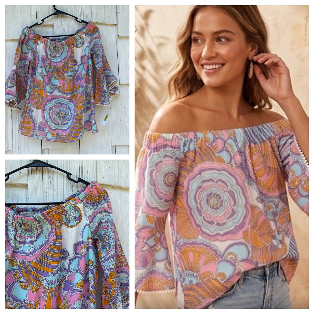 Trina Turk Pink Blue Orange Floral Off-Shoulder Pom-Pom Bell Sleeve Blouse S NEW